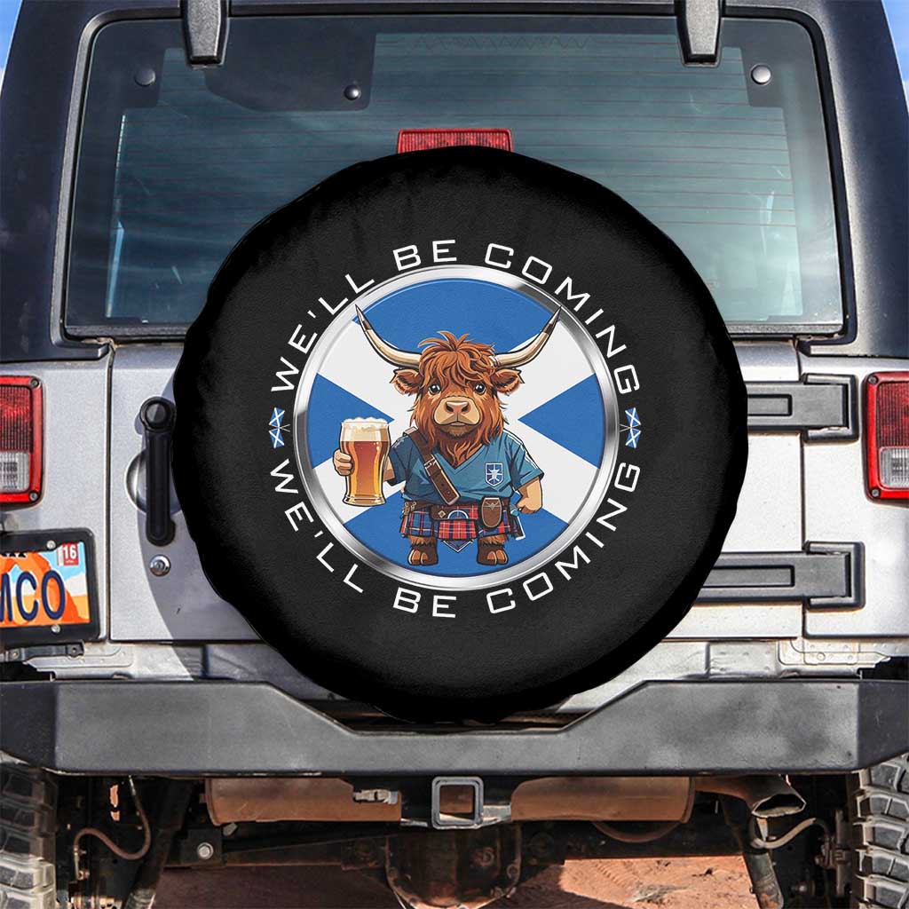 Funny Highland Cow in Kilt Drinking Spare Tire Cover We'll Be Coming Scottish Pride Football Fans - Wonder Print Shop