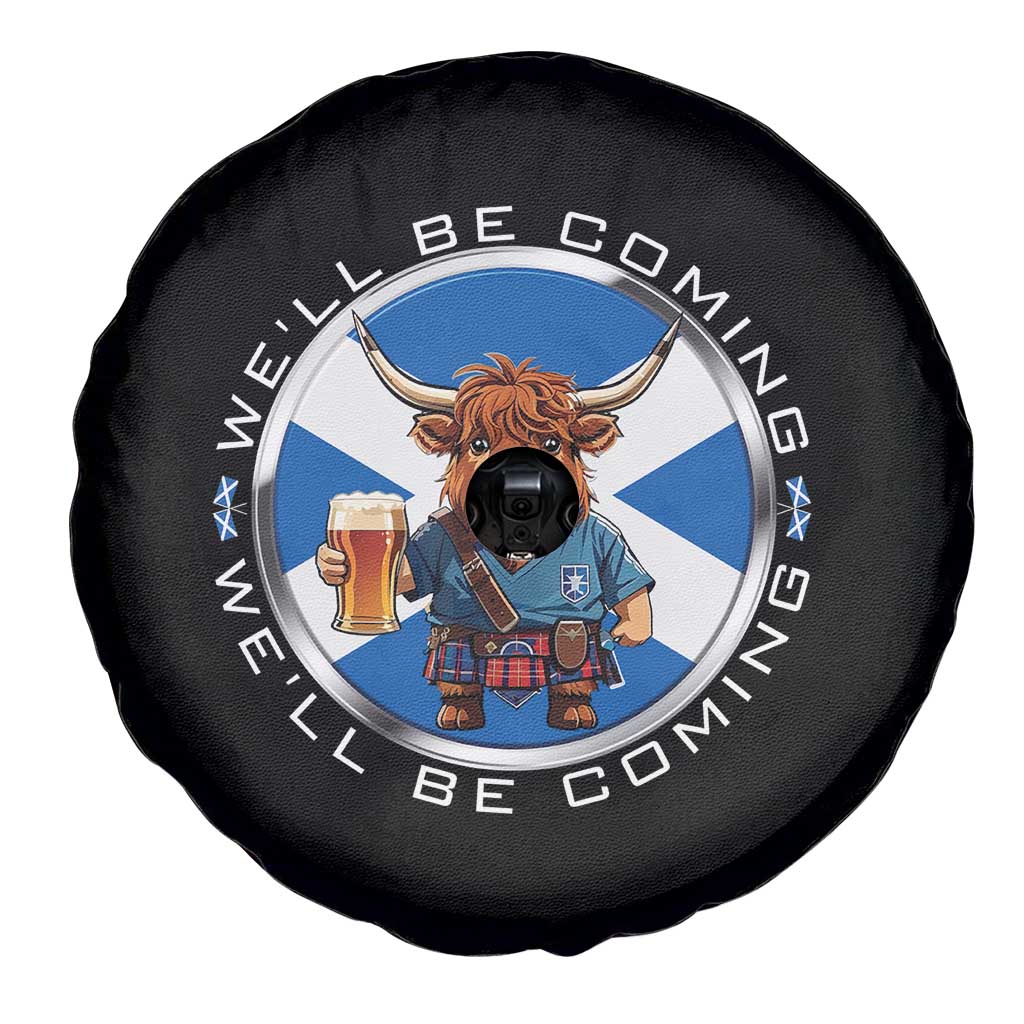 Funny Highland Cow in Kilt Drinking Spare Tire Cover We'll Be Coming Scottish Pride Football Fans - Wonder Print Shop