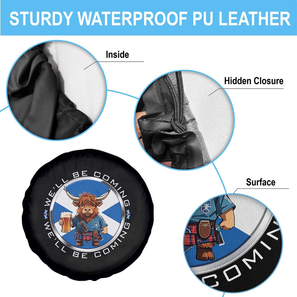 Funny Highland Cow in Kilt Drinking Spare Tire Cover We'll Be Coming Scottish Pride Football Fans - Wonder Print Shop