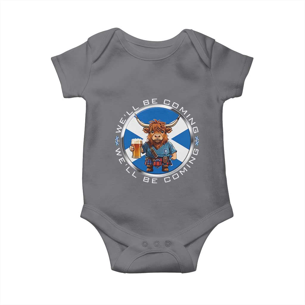 Funny Highland Cow in Kilt Drinking Baby Onesie We'll Be Coming Scottish Pride Football Fans - Wonder Print Shop