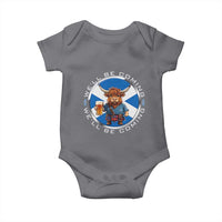 Funny Highland Cow in Kilt Drinking Baby Onesie We'll Be Coming Scottish Pride Football Fans - Wonder Print Shop