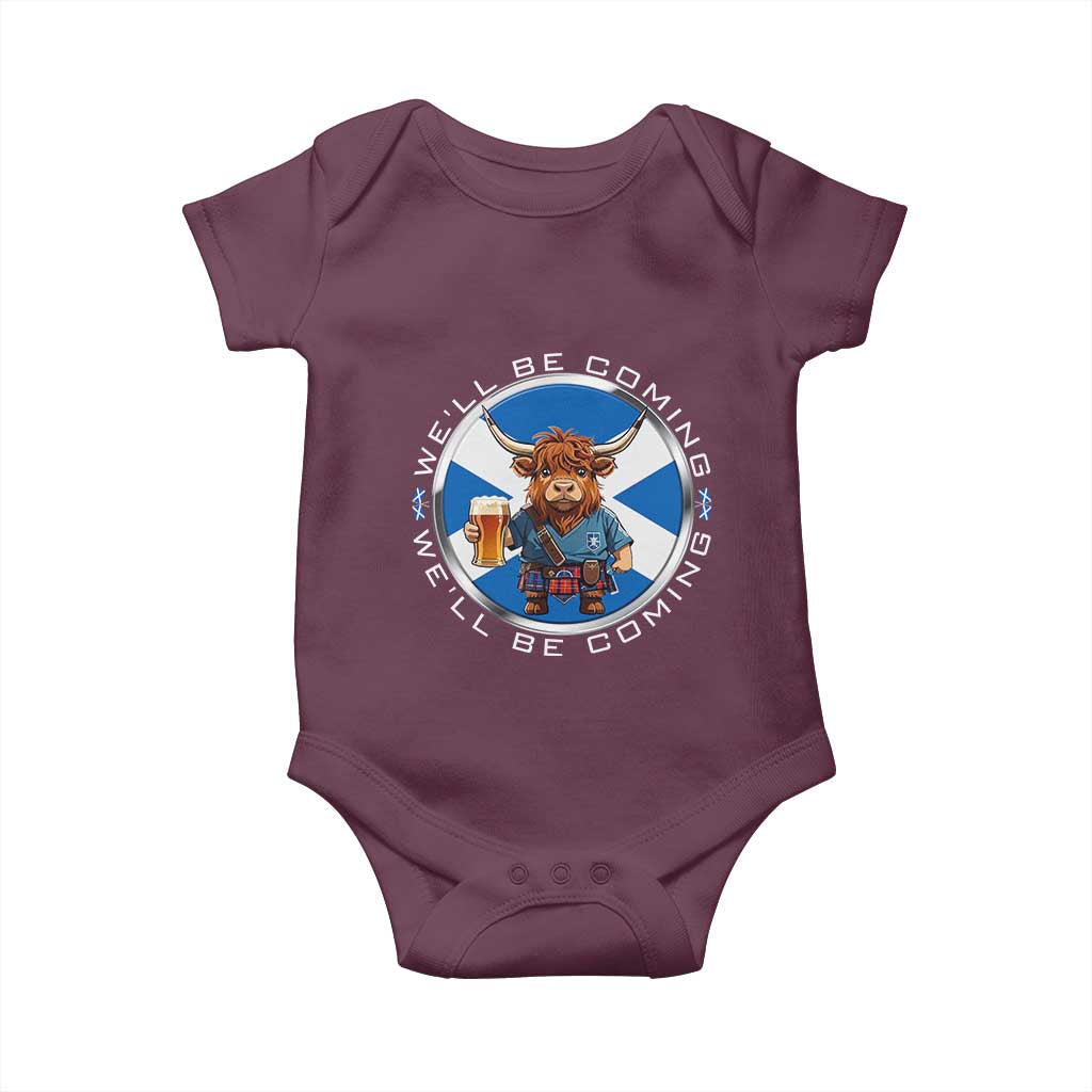Funny Highland Cow in Kilt Drinking Baby Onesie We'll Be Coming Scottish Pride Football Fans - Wonder Print Shop