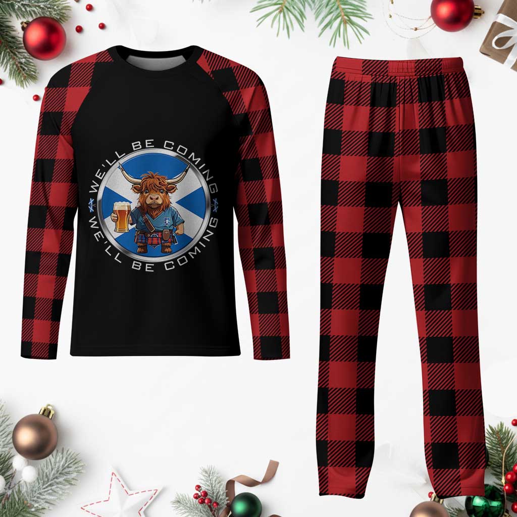 Funny Highland Cow in Kilt Drinking Plaid Pajama Set We'll Be Coming Scottish Pride Football Fans - Wonder Print Shop