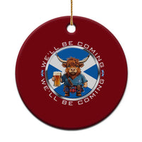 Funny Highland Cow in Kilt Drinking Ceramic Ornament We'll Be Coming Scottish Pride Football Fans - Wonder Print Shop