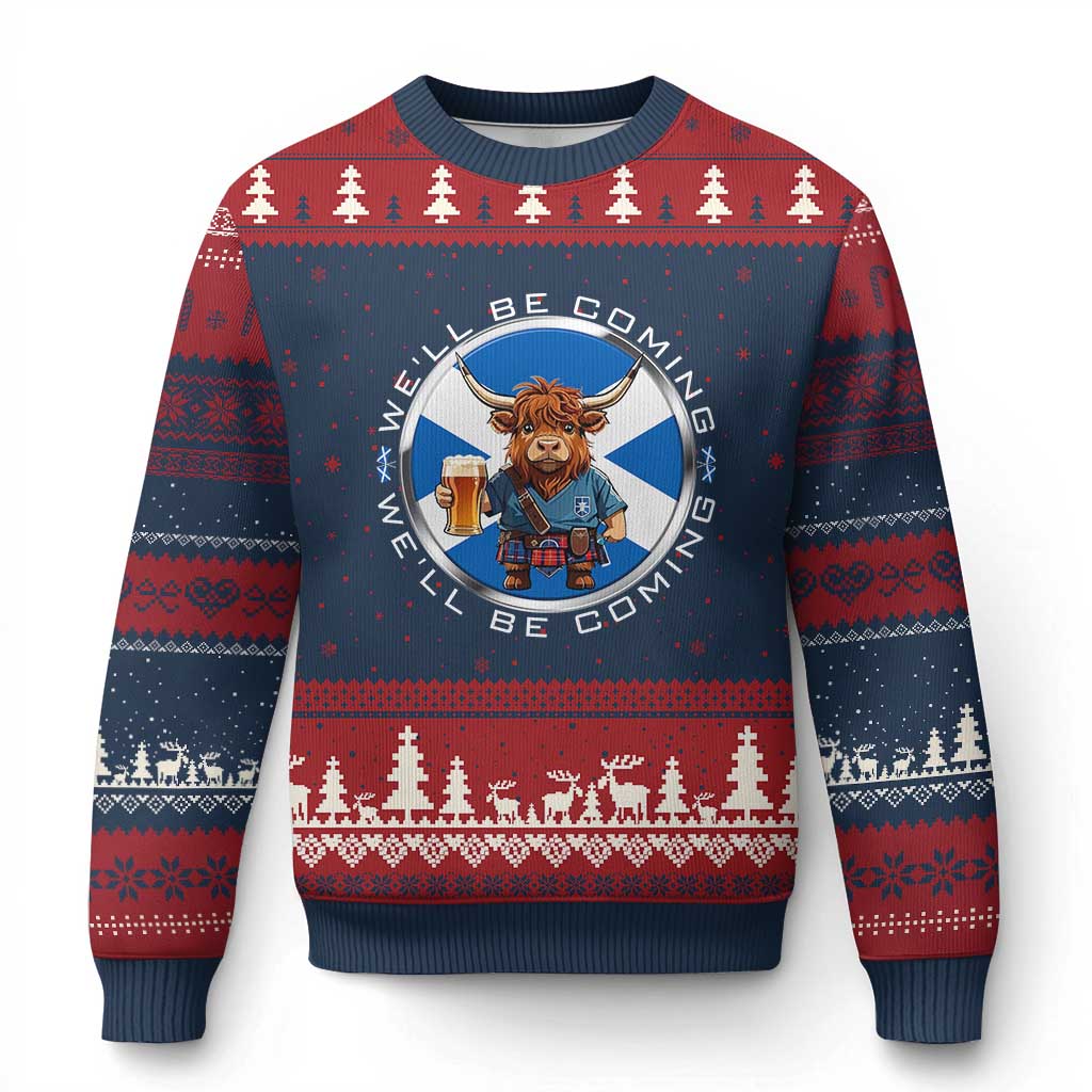 Funny Highland Cow in Kilt Drinking Ugly Christmas Sweater We'll Be Coming Scottish Pride Football Fans - Wonder Print Shop