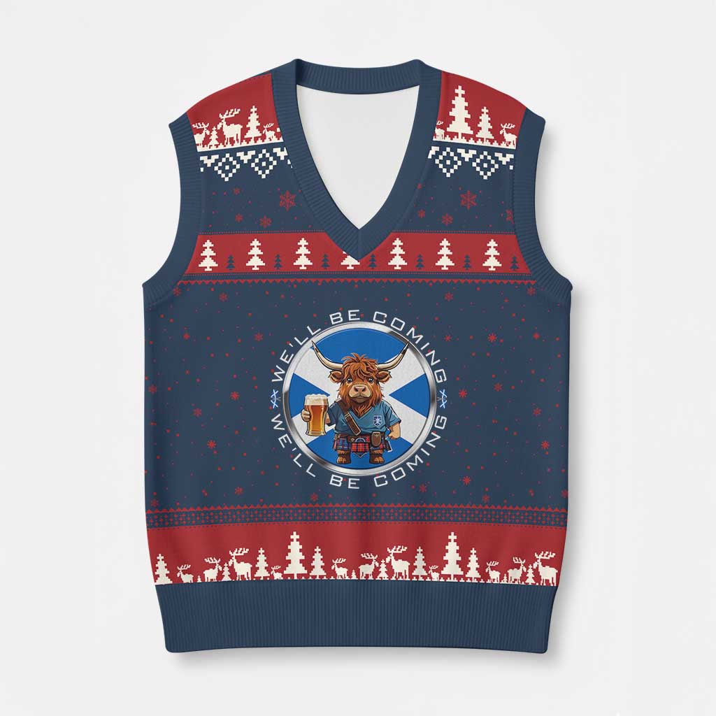Funny Highland Cow in Kilt Drinking V-Neck Knit Sweater Vest We'll Be Coming Scottish Pride Football Fans - Wonder Print Shop
