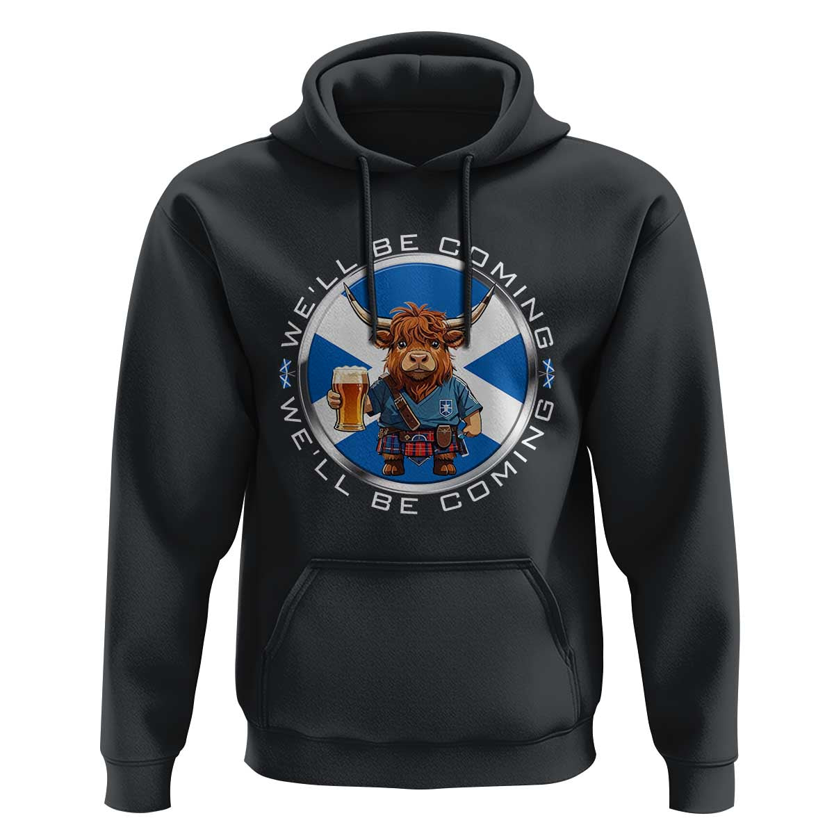 Funny Highland Cow in Kilt Drinking Hoodie We'll Be Coming Scottish Pride Football Fans - Wonder Print Shop