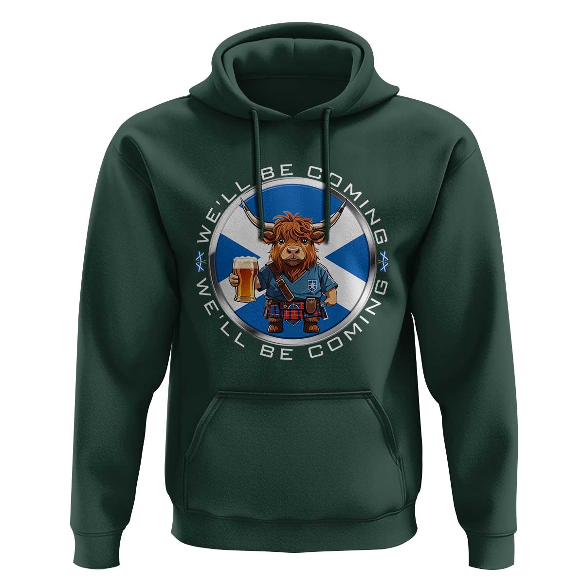 Funny Highland Cow in Kilt Drinking Hoodie We'll Be Coming Scottish Pride Football Fans - Wonder Print Shop
