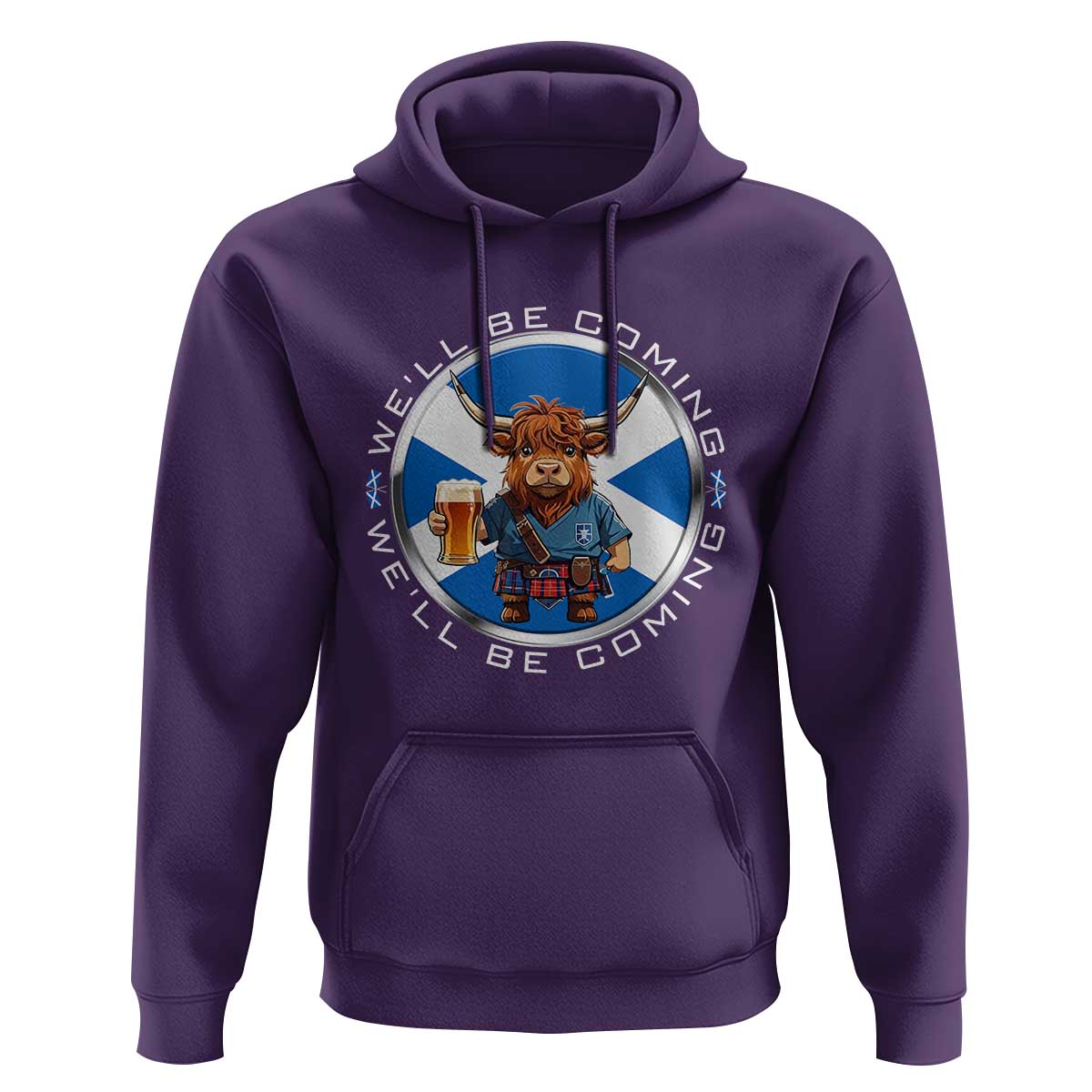 Funny Highland Cow in Kilt Drinking Hoodie We'll Be Coming Scottish Pride Football Fans - Wonder Print Shop