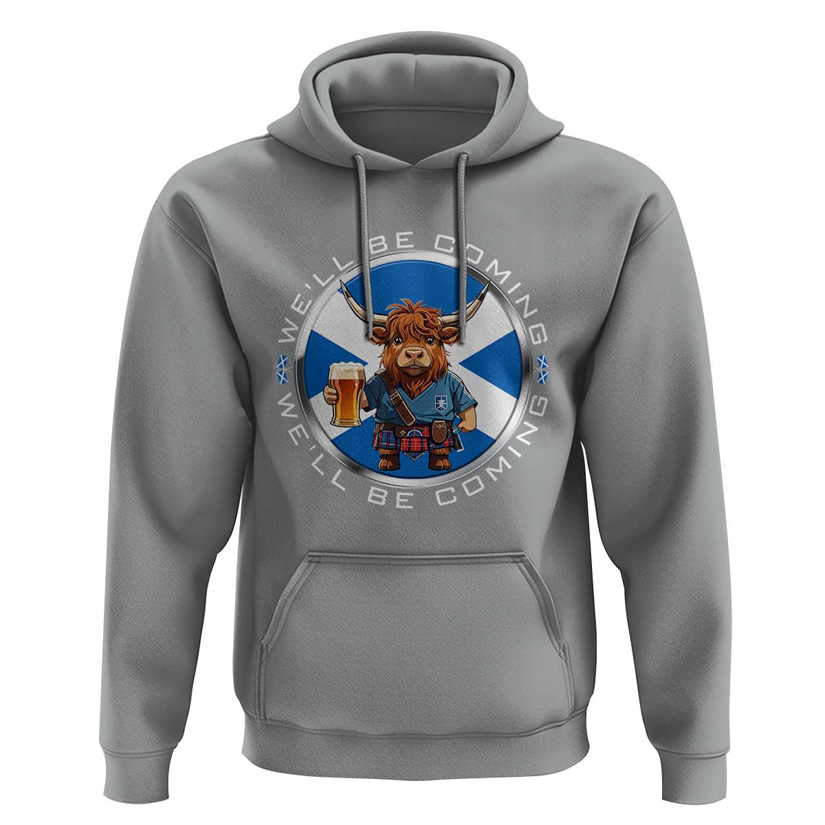 Funny Highland Cow in Kilt Drinking Hoodie We'll Be Coming Scottish Pride Football Fans - Wonder Print Shop