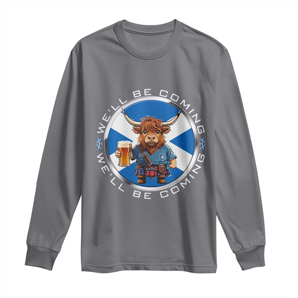 Funny Highland Cow in Kilt Drinking Long Sleeve Shirt We'll Be Coming Scottish Pride Football Fans - Wonder Print Shop