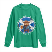 Funny Highland Cow in Kilt Drinking Long Sleeve Shirt We'll Be Coming Scottish Pride Football Fans - Wonder Print Shop