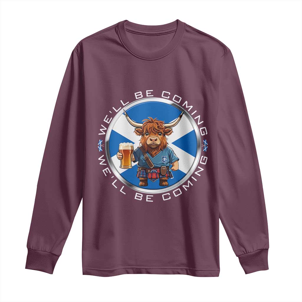 Funny Highland Cow in Kilt Drinking Long Sleeve Shirt We'll Be Coming Scottish Pride Football Fans - Wonder Print Shop
