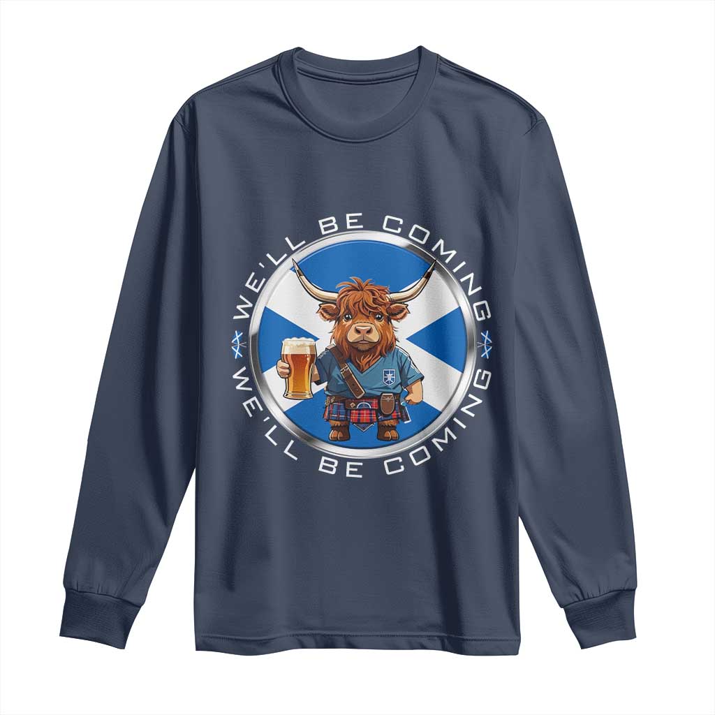 Funny Highland Cow in Kilt Drinking Long Sleeve Shirt We'll Be Coming Scottish Pride Football Fans - Wonder Print Shop