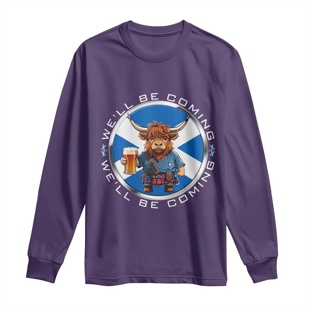 Funny Highland Cow in Kilt Drinking Long Sleeve Shirt We'll Be Coming Scottish Pride Football Fans - Wonder Print Shop
