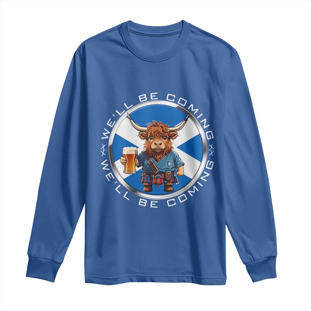 Funny Highland Cow in Kilt Drinking Long Sleeve Shirt We'll Be Coming Scottish Pride Football Fans - Wonder Print Shop