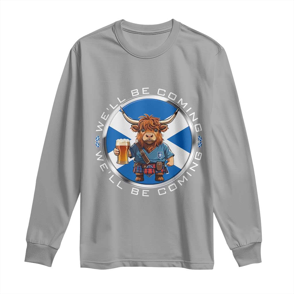 Funny Highland Cow in Kilt Drinking Long Sleeve Shirt We'll Be Coming Scottish Pride Football Fans - Wonder Print Shop