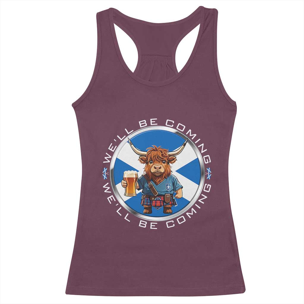 Funny Highland Cow in Kilt Drinking Racerback Tank Top We'll Be Coming Scottish Pride Football Fans - Wonder Print Shop