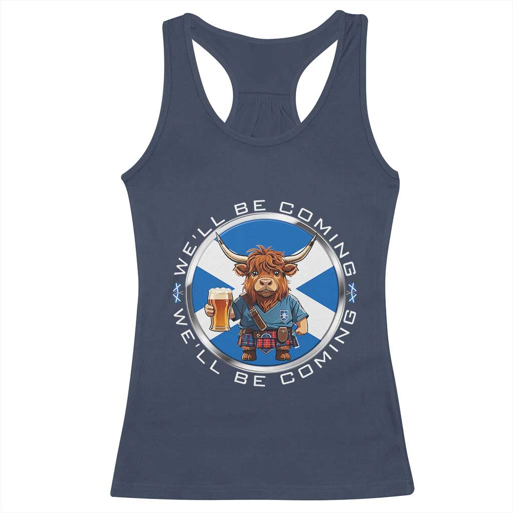 Funny Highland Cow in Kilt Drinking Racerback Tank Top We'll Be Coming Scottish Pride Football Fans - Wonder Print Shop