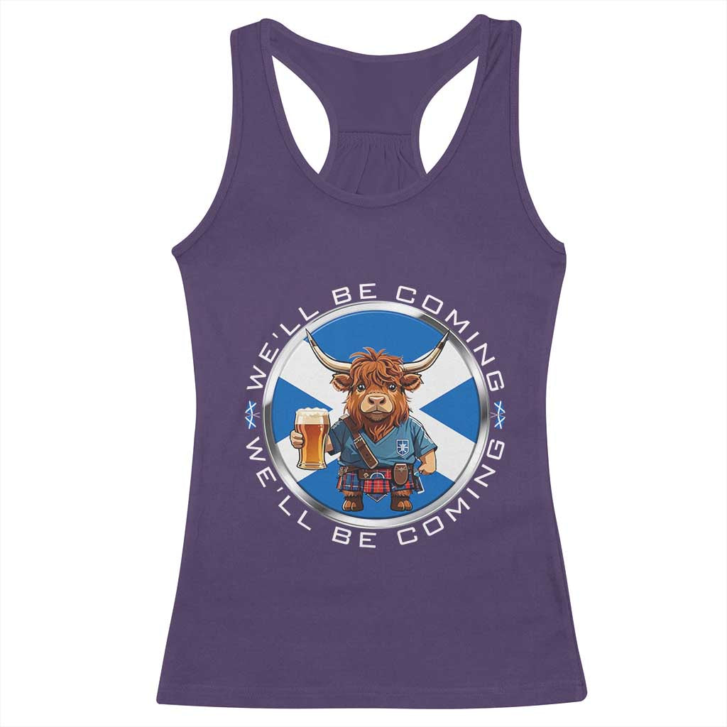 Funny Highland Cow in Kilt Drinking Racerback Tank Top We'll Be Coming Scottish Pride Football Fans - Wonder Print Shop