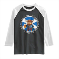 Funny Highland Cow in Kilt Drinking Raglan Shirt We'll Be Coming Scottish Pride Football Fans - Wonder Print Shop