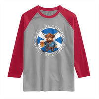 Funny Highland Cow in Kilt Drinking Raglan Shirt We'll Be Coming Scottish Pride Football Fans - Wonder Print Shop