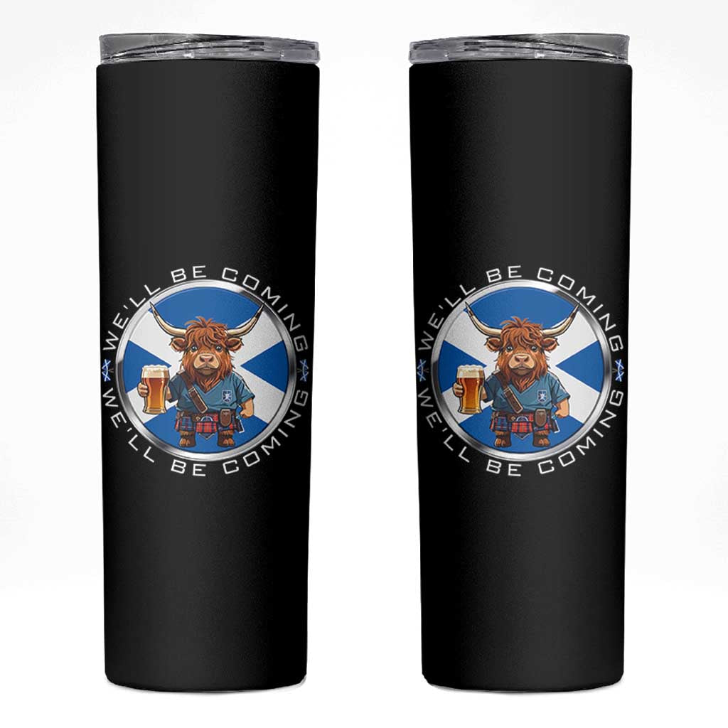 Funny Highland Cow in Kilt Drinking Skinny Tumbler We'll Be Coming Scottish Pride Football Fans - Wonder Print Shop