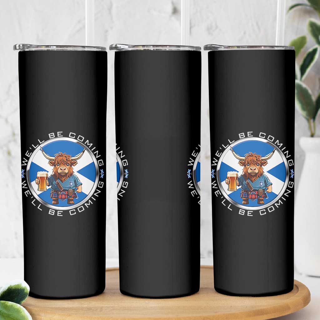 Funny Highland Cow in Kilt Drinking Skinny Tumbler We'll Be Coming Scottish Pride Football Fans - Wonder Print Shop