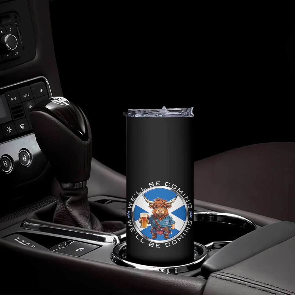 Funny Highland Cow in Kilt Drinking Skinny Tumbler We'll Be Coming Scottish Pride Football Fans - Wonder Print Shop