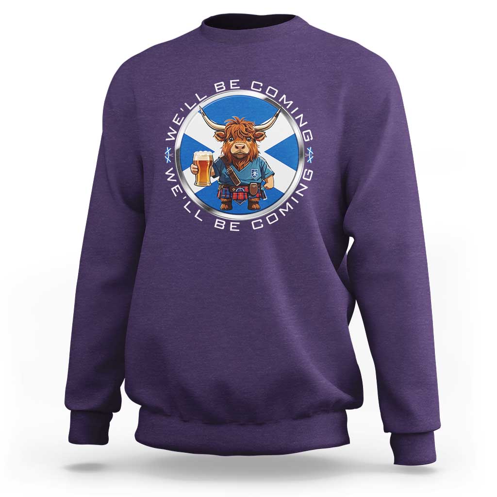 Funny Highland Cow in Kilt Drinking Sweatshirt We'll Be Coming Scottish Pride Football Fans - Wonder Print Shop