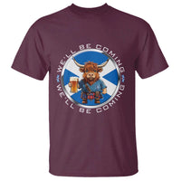 Funny Highland Cow in Kilt Drinking T Shirt We'll Be Coming Scottish Pride Football Fans - Wonder Print Shop