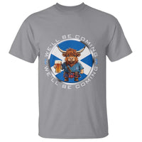 Funny Highland Cow in Kilt Drinking T Shirt We'll Be Coming Scottish Pride Football Fans - Wonder Print Shop