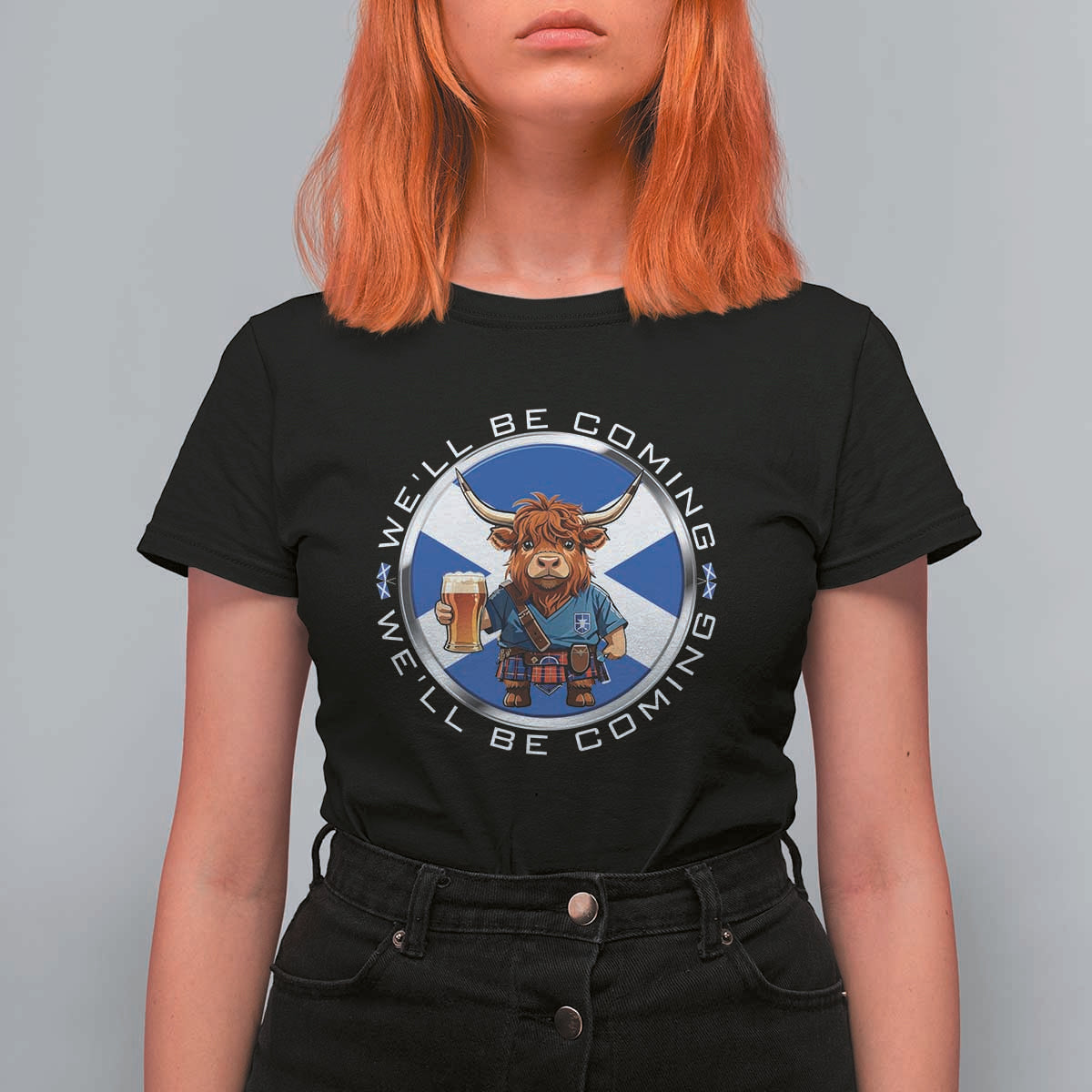 Funny Highland Cow in Kilt Drinking T Shirt For Women We'll Be Coming Scottish Pride Football Fans - Wonder Print Shop