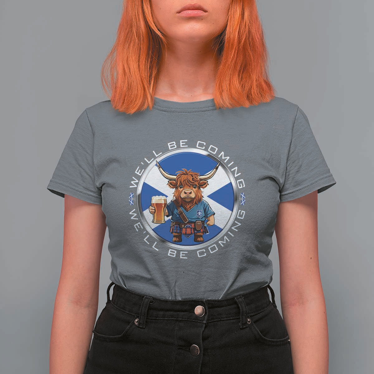 Funny Highland Cow in Kilt Drinking T Shirt For Women We'll Be Coming Scottish Pride Football Fans - Wonder Print Shop