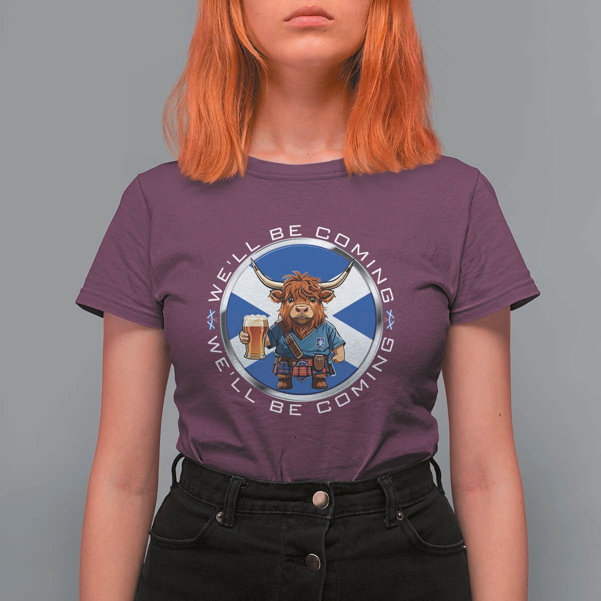 Funny Highland Cow in Kilt Drinking T Shirt For Women We'll Be Coming Scottish Pride Football Fans - Wonder Print Shop