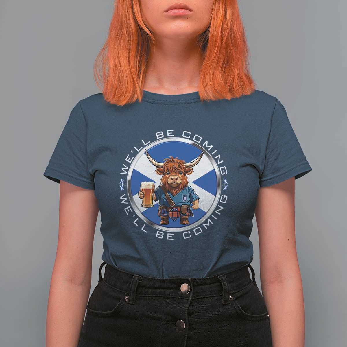 Funny Highland Cow in Kilt Drinking T Shirt For Women We'll Be Coming Scottish Pride Football Fans - Wonder Print Shop
