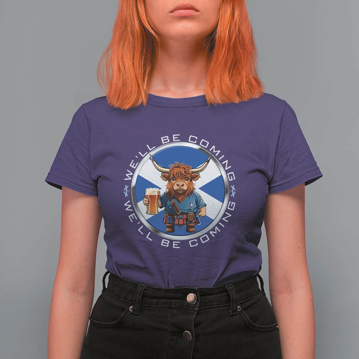 Funny Highland Cow in Kilt Drinking T Shirt For Women We'll Be Coming Scottish Pride Football Fans - Wonder Print Shop