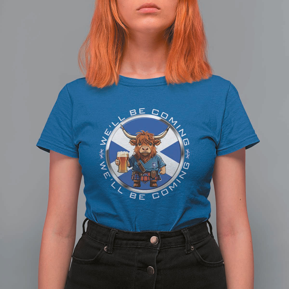 Funny Highland Cow in Kilt Drinking T Shirt For Women We'll Be Coming Scottish Pride Football Fans - Wonder Print Shop