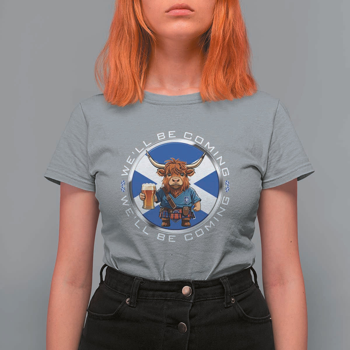 Funny Highland Cow in Kilt Drinking T Shirt For Women We'll Be Coming Scottish Pride Football Fans - Wonder Print Shop