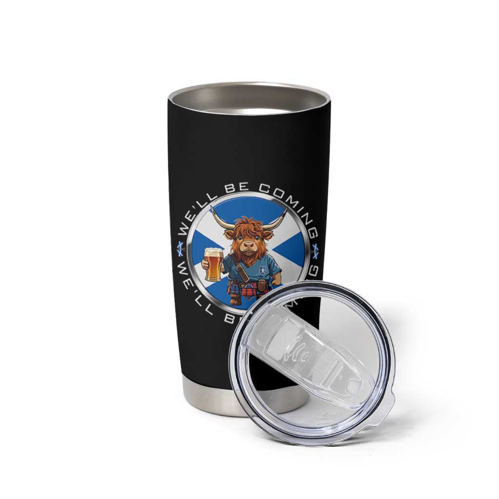 Funny Highland Cow in Kilt Drinking Tumbler Cup We'll Be Coming Scottish Pride Football Fans - Wonder Print Shop
