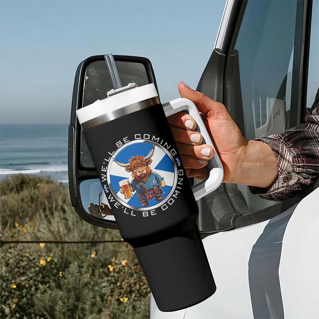 Funny Highland Cow in Kilt Drinking Tumbler With Handle We'll Be Coming Scottish Pride Football Fans - Wonder Print Shop