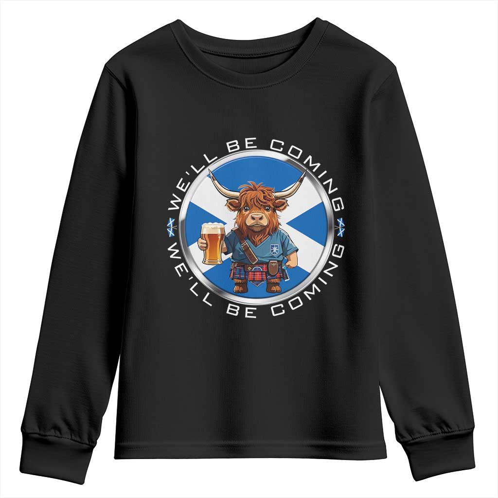 Funny Highland Cow in Kilt Drinking Youth Sweatshirt We'll Be Coming Scottish Pride Football Fans - Wonder Print Shop