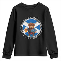 Funny Highland Cow in Kilt Drinking Youth Sweatshirt We'll Be Coming Scottish Pride Football Fans - Wonder Print Shop