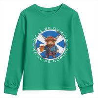 Funny Highland Cow in Kilt Drinking Youth Sweatshirt We'll Be Coming Scottish Pride Football Fans - Wonder Print Shop
