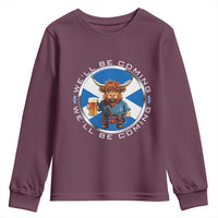 Funny Highland Cow in Kilt Drinking Youth Sweatshirt We'll Be Coming Scottish Pride Football Fans - Wonder Print Shop