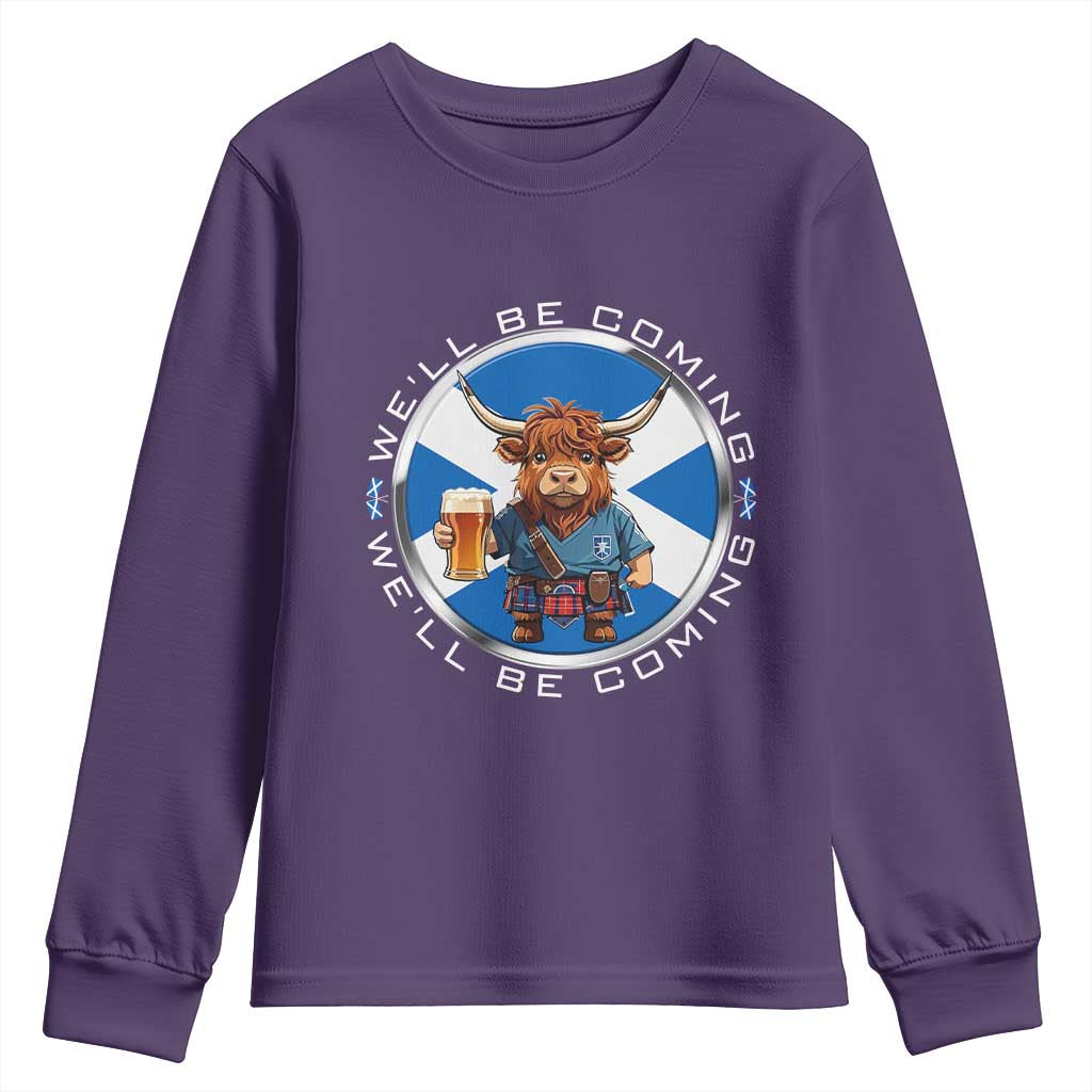 Funny Highland Cow in Kilt Drinking Youth Sweatshirt We'll Be Coming Scottish Pride Football Fans - Wonder Print Shop
