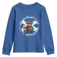 Funny Highland Cow in Kilt Drinking Youth Sweatshirt We'll Be Coming Scottish Pride Football Fans - Wonder Print Shop