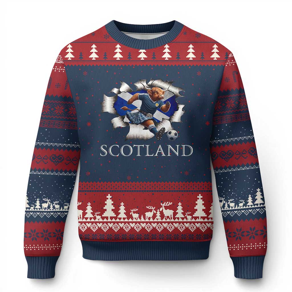 Funny Highland Cow in Kilt Footballer Ugly Christmas Sweater We'll Be Coming Scottish Pride Football Fans - Wonder Print Shop
