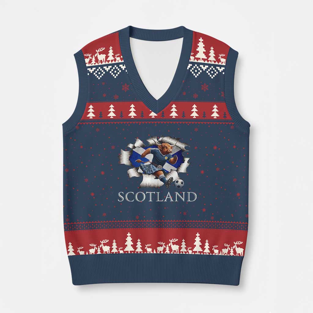 Funny Highland Cow in Kilt Footballer V-Neck Knit Sweater Vest We'll Be Coming Scottish Pride Football Fans - Wonder Print Shop