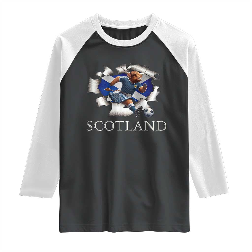 Funny Highland Cow in Kilt Footballer Raglan Shirt We'll Be Coming Scottish Pride Football Fans - Wonder Print Shop